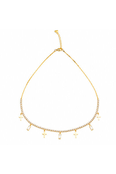 OEM Κομψό Χρυσό Κολιέ για Γυναίκες με Κρεμαστά Σταυρούς και Λαμπερές Πέτρες