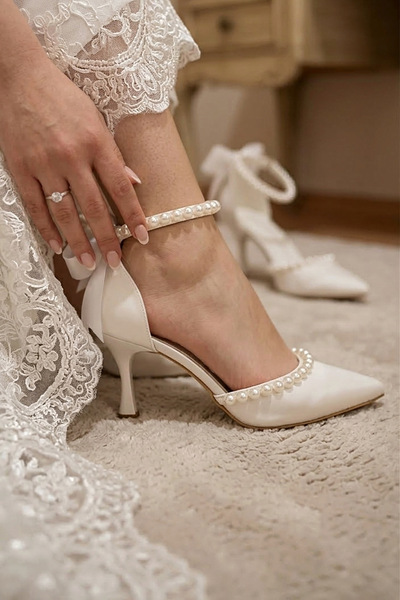 Modavien Women's 7 cm Ecru Pearl Bow Bridal Shoes
