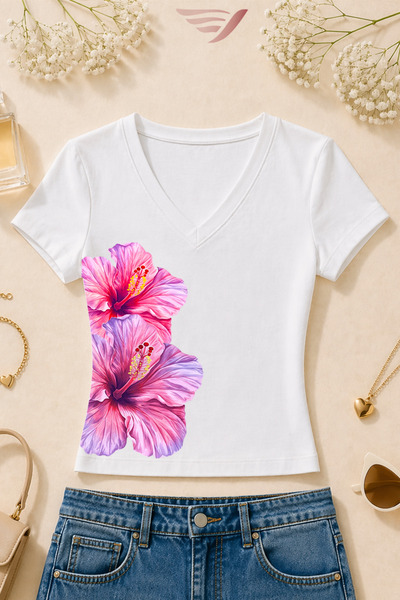 Velostra Women's Large Floral Printed Basic Daily Use V-Neck Slim Fit T-Shirt