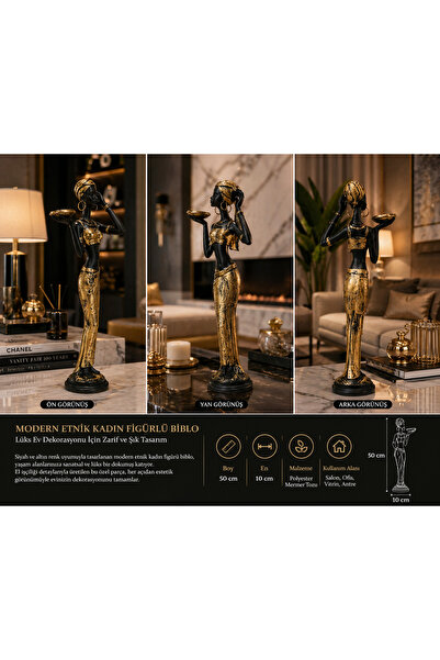 Efe Modern Etnik Kadın Figürü Biblo – Gold Siyah Lüks Ev Dekor Objesi (3 Açı)