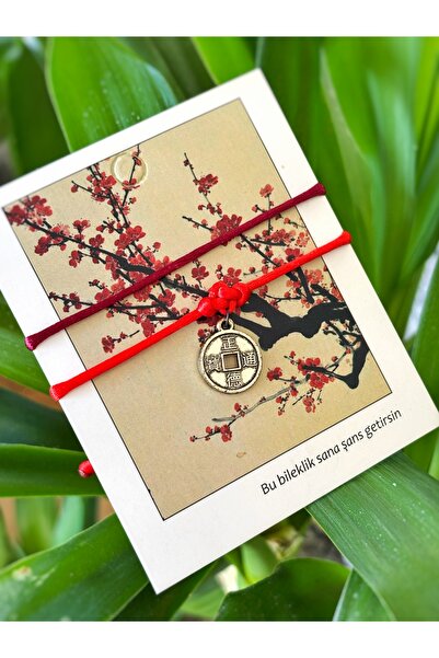 Atölye Merdiven Sakura 2li Kırmızı Bordo Feng Shui Çin Japon Şans Parası Bileklik