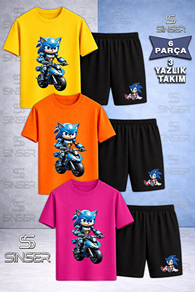 SS SİNSER Children's Snic Motora Binen Printed Crew Neck 3-Piece T-Shirt - Sh...