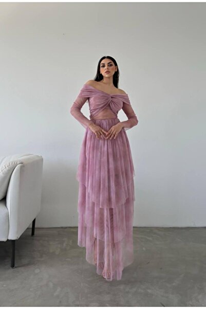 MODA GARDEN 35 UZUN TÜL DETAYLI İÇİ ASTARLI ELBİSE