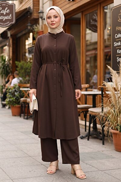 adamila Kadın Hakim Yaka Düğmeli Kuşaklı 120 CM Uzun Tunik Pantolon Rahat Kal...