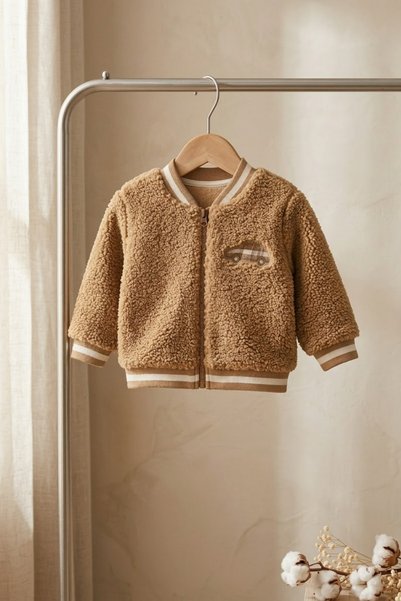 BABYİLAY Baby & Kids Teddy Jacket - Soft Car Embroidered Beige Zippered Cardigan