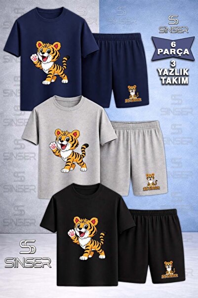 SS SİNSER Children's Sinser Kaplan Tek Pati Havada Printed Crew Neck 3-Piece ...