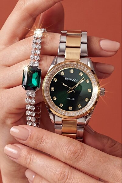 Ferrucci Bileklik Hediyeli Altın/Metalik Kadın Kol Saati 30 mm Taşlı Yeşil Ka...