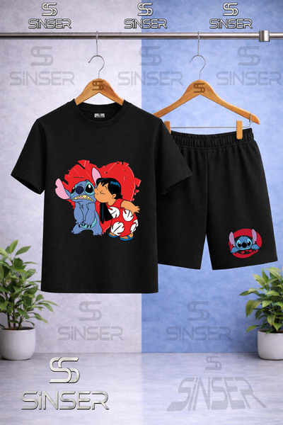SS SİNSER Children's Stic Girls Heart-Printed Crew Neck T-Shirt - Shorts Set