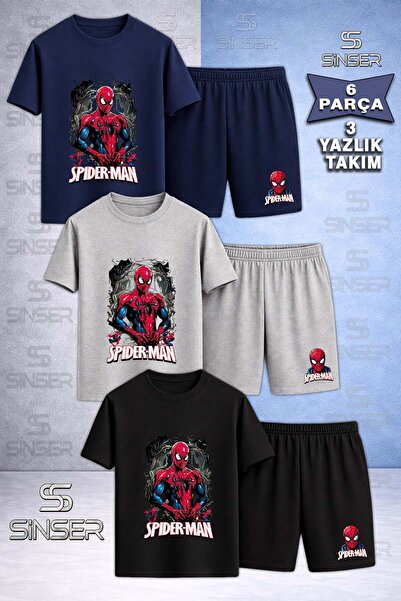 SS SİNSER Children's Orumcekman Govde Black Canvas Printed Crew Neck 3-Piece ...