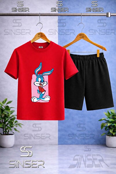 SS SİNSER Children's Tavsan Boys Pink Canvas Printed Crew Neck T-Shirt - Shor...