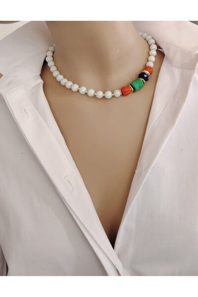 Sinem Şanlı Atelier Magnolia White Onyx Stone Colored Glass Bead Detailed Han...