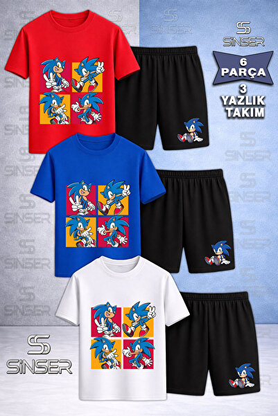 SS SİNSER Children's Snic 4Kare Foto Icinde Printed Crew Neck 3-Piece T-Shirt...