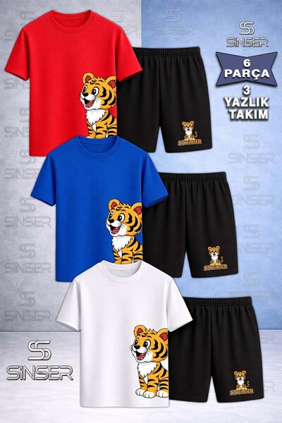 SS SİNSER Children's Sinser Kaplan Left Side Printed Crew Neck 3-Piece T-Shir...