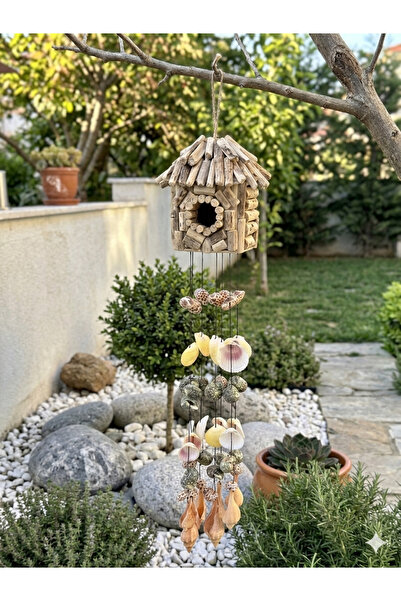 Ahşap Evi Ahşap Kuş Yuvalı Deniz Kabuklu Rüzgar Çanı, Balkon Bahçe Tavan Süsü...
