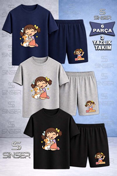 SS SİNSER Children's Sinser Girl Hugging a Dog Printed Crew Neck 3-Piece T-Sh...