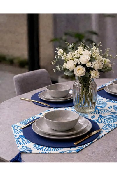 Econice American Service, New Season 6-Piece Cobalt Blue Color Supla and Runner Cover Blue Coral Set