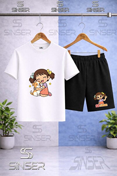 SS SİNSER Παιδικό μπλουζάκι με στάμπα SINSER GIRL HUGGING DOG - Σετ σορτς