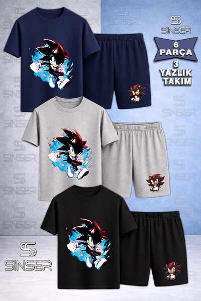 SS SİNSER Children's Snic Black Blue Canvas Printed Crew Neck 3-Piece T-Shirt...