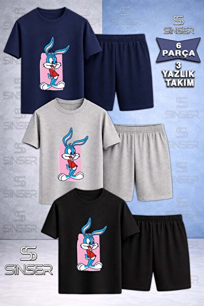 SS SİNSER Children's Tavsan Boys Pink Canvas Printed Crew Neck 3-Piece T-Shir...