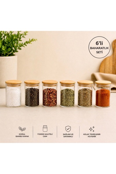Pembelia Life 6 Adet 250 Bambu Vakum Kapaklı Cam Baharatlık Seti Baharat Takımı