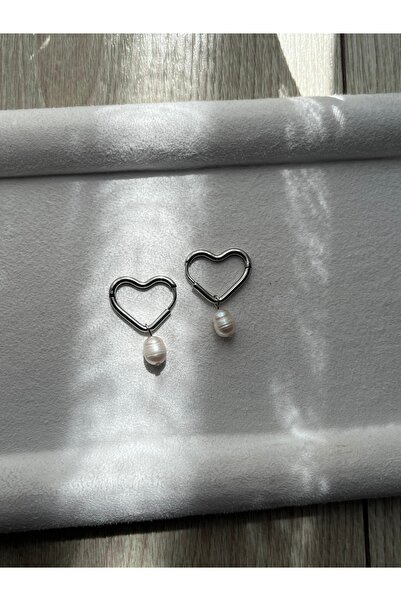 Pel Design Real Pearl Heart Steel Hoop Earrings Handmade