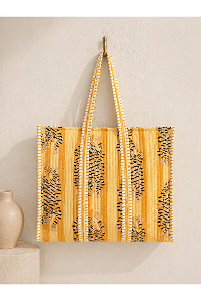 Yoncha Kapitoneli Kaplan Desenli Tote Bag - Büyük Boy Print Baskı Kumaş Çanta