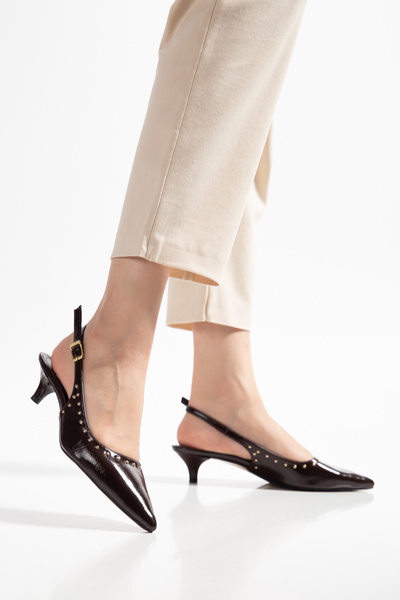 shop Women's Wrinkled Patent Leather Troc Detailed Open Back Short Heel Shoes