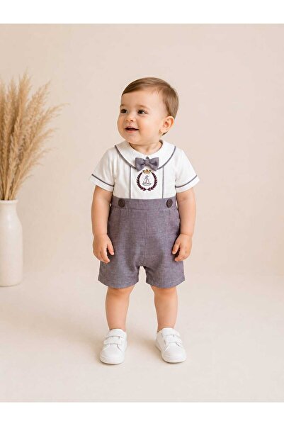 BEBEXO KIDS Erkek Bebek Papyonlu Gemi Nakışlı Düğmeli Şort Tulum (0-3/3-6/6-9...
