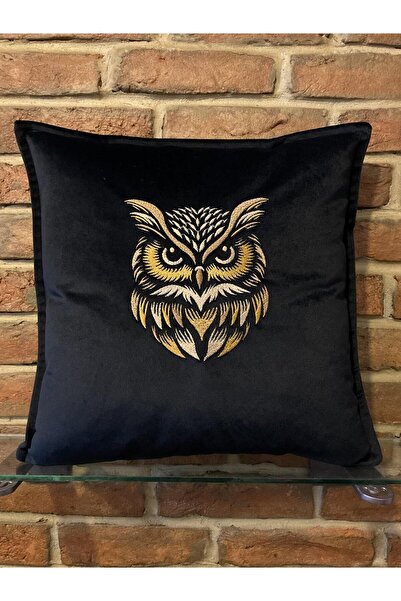 harmony factory Owl Gold Embroidered Black Velvet Throw Pillow Cover Gold Dec...