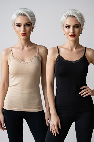 fevien Women's 2-Pack Thin Strap V-Neck Lace Detailed Cotton Flexible Daily A...