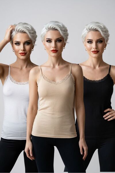 fevien Women's 3-Pack Black White Skin Thin Strap V-Neck Lace Detailed Cotton...