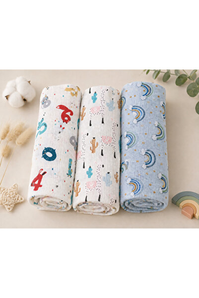 KRN MODA Çok Amaçlı Müslin Örtü & Battaniye 3'lü Set %100 Pamuk 80x90 cm