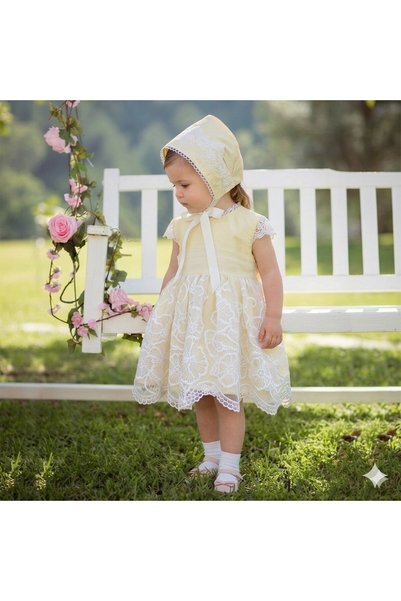 La reina petite Luxurious cream-yellow Lace dress for Eid and special occasio...