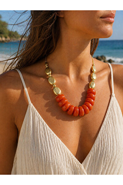 mosmoda Turuncu Mat Gold Elegant Plaj Kolye
