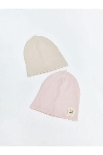 LC Waikiki Nevavm Farkıyla Lcw Baby Beige Embroidered Baby Girl Beanie Set of 2