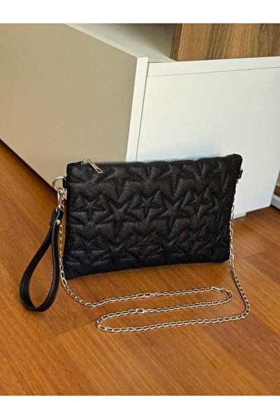 Bagnest Ασημί δερμάτινο πορτφόλι και τσάντα clutch με αστεράτο κεντητό λουράκ...