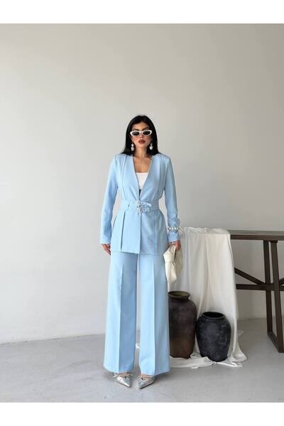 Bella Breeze Women's Pleated Detailed Double Belted Blazer Jacket Pants Doubl...