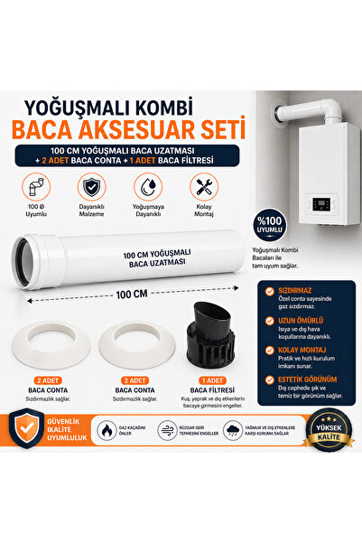 Marka 100cm YOĞUŞMALI Kombi Baca Uzatması + Sızdırmaz Baca Lastiği + Baca Fil...