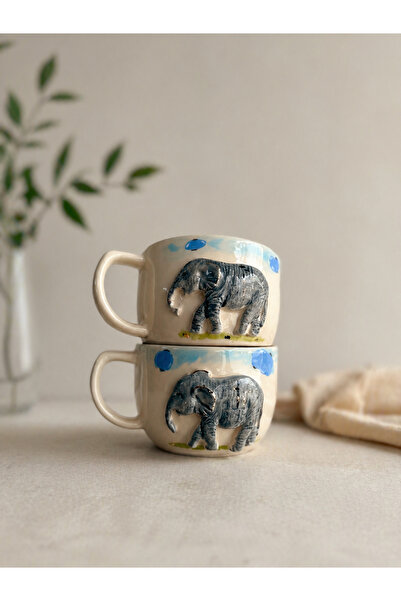 RinaSeramik Fil Desenli El Yapımı Seramik Mug