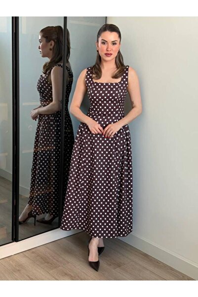 maf collection Γυναικείο Καφέ Φόρεμα με Χοντρό Λουράκι και Λεπτομέρεια Πουά, ...