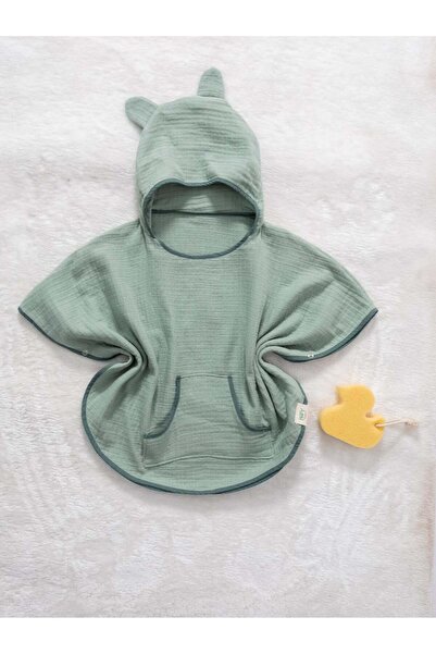 HAFY BABY 5 Renk Organik Pamuk, Kapüşonlu Müslin Çocuk Panço / Mint Yeşili