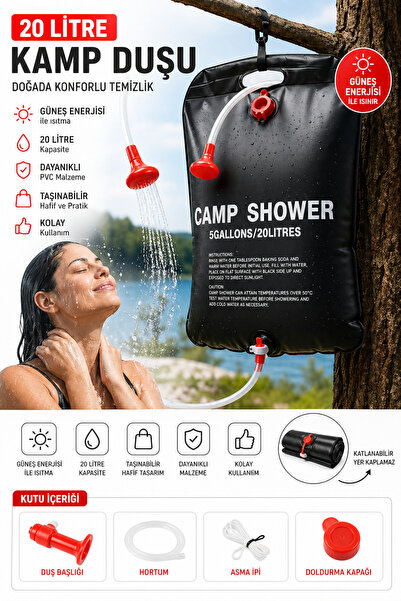 MUBX 20L Güneş Enerjili Kamp Duşu Taşınabilir Askılı Hortumlu 20 Litre Outdoo...