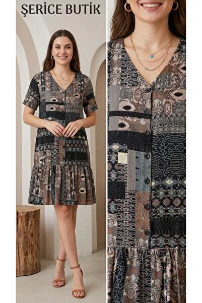 ŞERİCE Women's Patchwork Patterned Buttoned Front Ruffled Authentic Dress