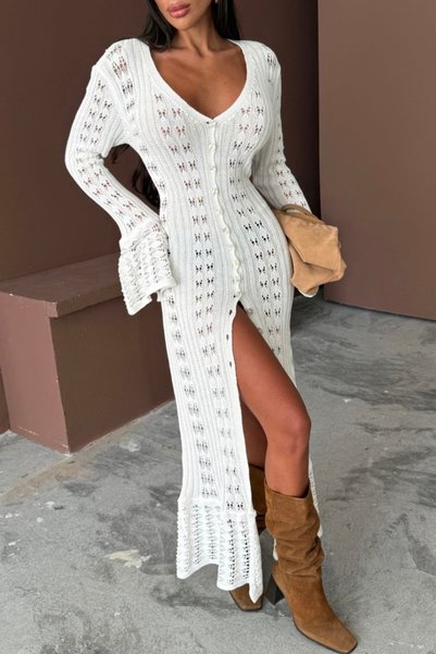 Auroveen Openwork Maxi Length Buttoned V-Neck Summer Dress Av3712