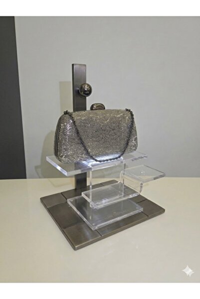 Koyu Gümüş Işıltılı Abiye Clutch Gece Çantası - Zincir Askılı