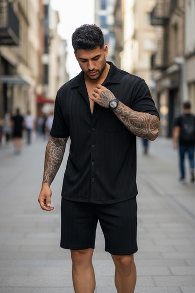 dehaine Ανδρικό καλοκαιρινό σετ, πουκάμισο + σορτς, ανδρική φόρμα 3179