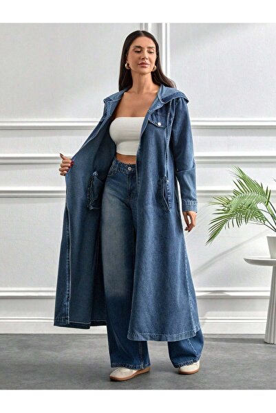 MİSSKAYLE Φόρεμα τζιν με κουκούλα |   Μοντέρνο στυλ με μακριά κοπή και τσέπες