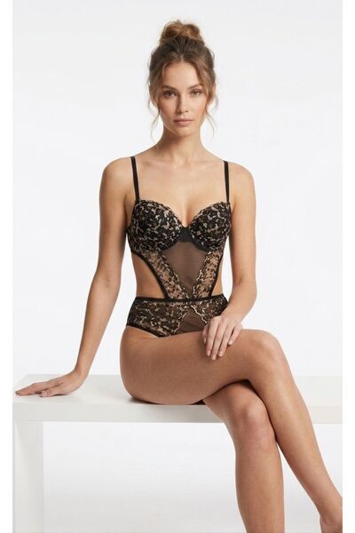 DİA SENSE Black Gold Embroidered Leopard Pattern Underwire Bodysuit – Push-Up Premium Lingerie