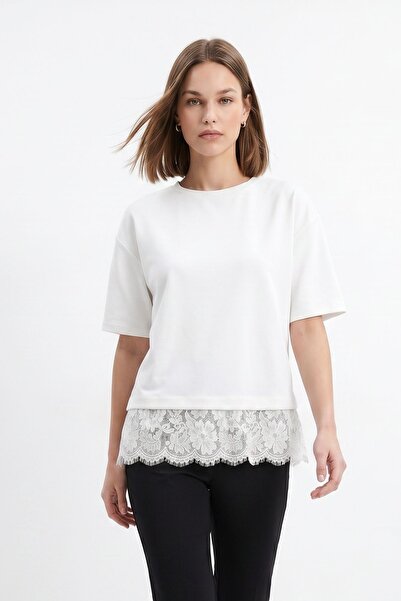 Rays Ecru Crew Neck T-Shirt with Lace Detail 0463