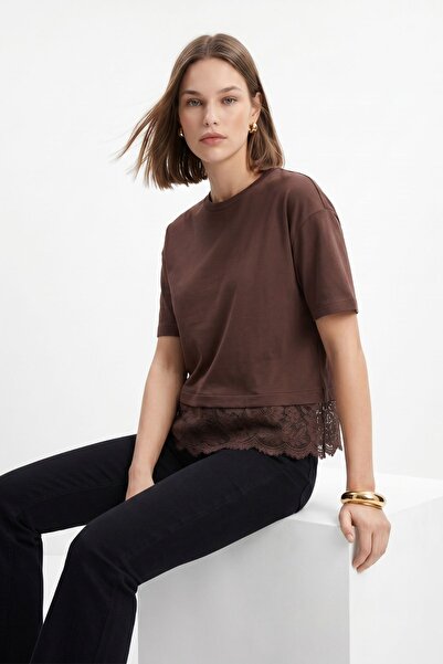 Rays Tricou maro cu guler rotund și detaliu din dantelă 0463